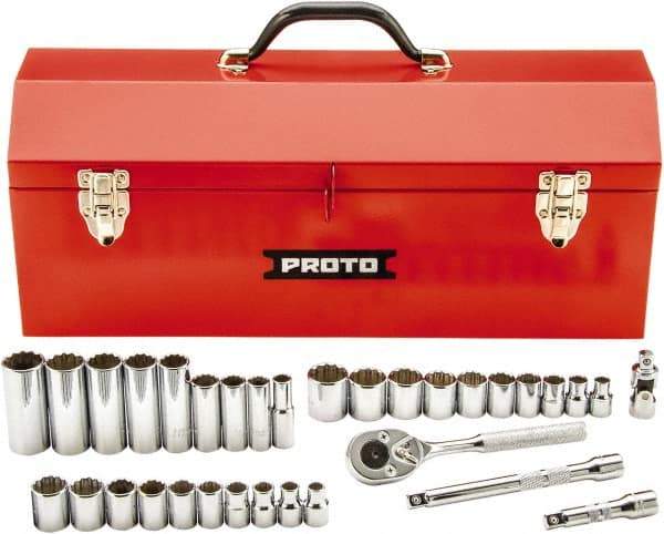 Proto - 34 Piece 3/8" Drive Chrome Finish Deep Well Socket Set - 12 Points, 5/16" (8mm to 19mm) Range, Inch/Metric Measurement Standard - All Tool & Supply