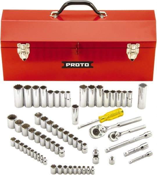 Proto - 65 Piece 1/4" & 3/8" Drive Full Polish Finish Deep Well Socket Set - 6, 12 Points, 1/4" to 7/8" (4mm to 19mm) Range, Inch/Metric Measurement Standard - All Tool & Supply