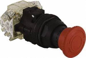 Schneider Electric - 30mm Mount Hole, Extended Mushroom Head, Pushbutton Switch with Contact Block - Round, Red Pushbutton, Maintained (MA) - All Tool & Supply