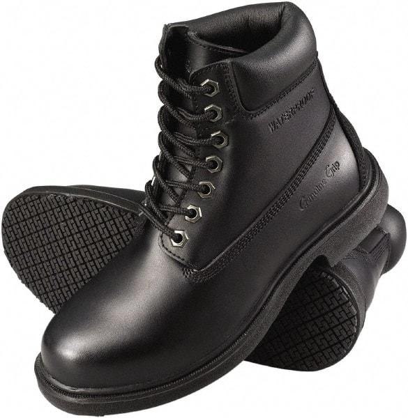 Genuine Grip - Men's Size 7.5 Wide Width Steel Work Boot - Black, Leather Upper, Rubber Outsole, 6" High, Dielectric, Non-Slip, Waterproof - All Tool & Supply