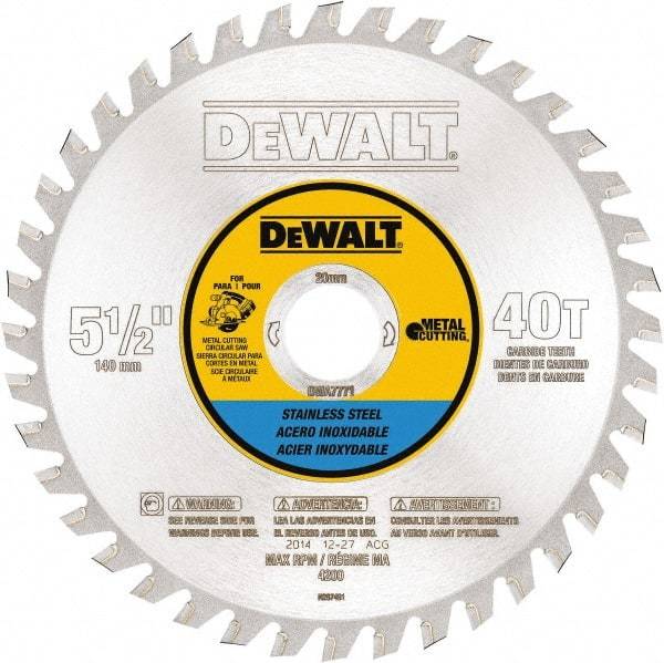 DeWALT - 5-1/2" Diam, 25/32" Arbor Hole Diam, 40 Tooth Wet & Dry Cut Saw Blade - Steel, Crosscutting Action, Standard Round Arbor - All Tool & Supply