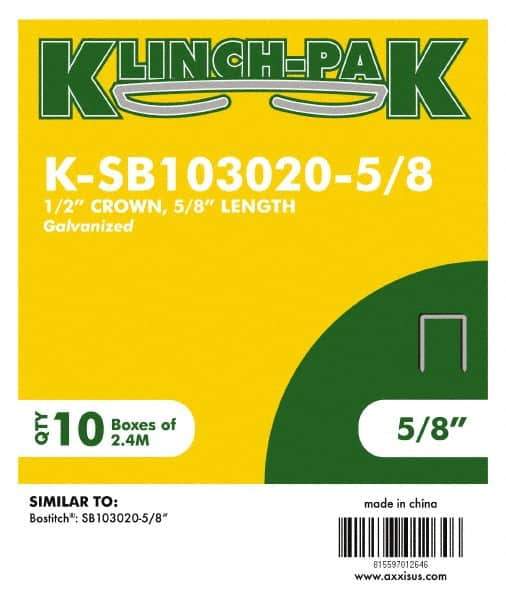 Klinch-Pak - 5/8" Long x 1/2" Wide, 0 Gauge Narrow Crown Construction Staple - Steel, Galvanized Finish, Chisel Point - All Tool & Supply