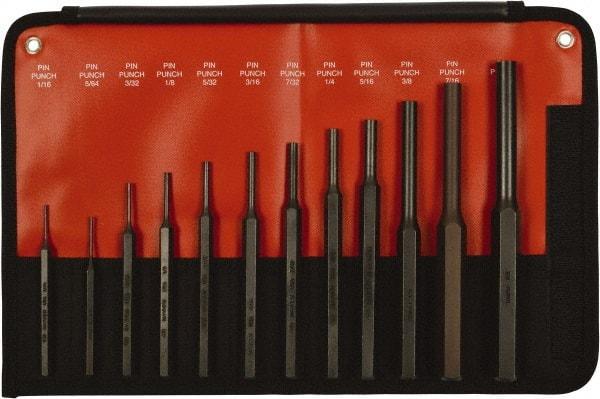 Mayhew - 12 Piece, 1/16 to 1/2", Pin Punch Set - Hex Shank, Steel, Comes in Kit Bag - All Tool & Supply