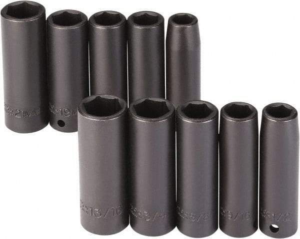 Proto - 10 Piece 1/2" Drive Black Finish Deep Well Impact Socket Set - 6 Points, 1/2" to 13/16" (13mm to 21mm) Range, Inch/Metric Measurement Standard - All Tool & Supply