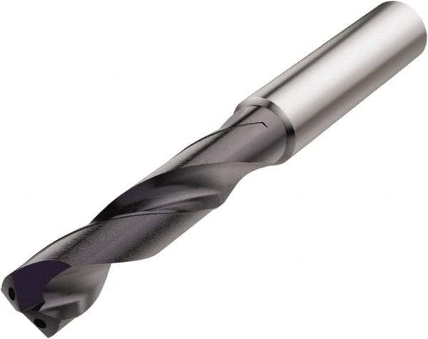 Seco - 3/4" 140° Spiral Flute Solid Carbide Screw Machine Drill Bit - TiAlN Finish, Right Hand Cut, 79mm Flute Length, 131mm OAL, Conical Point, Straight Shank, Through Coolant - All Tool & Supply