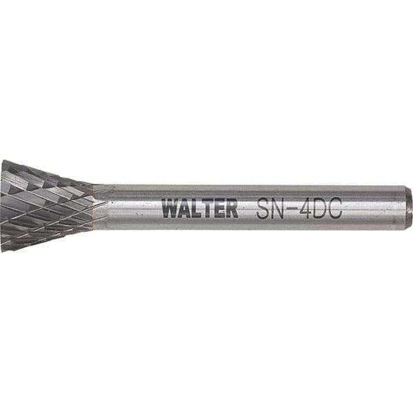 WALTER Surface Technologies - 1/4" Cut Diam, 1/4" Shank Diam, Inverted Cone Head Double Cut Burr - Tungsten Carbide, 3/4" LOC, 4-3/4" OAL - All Tool & Supply