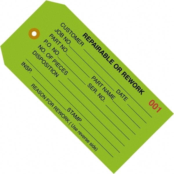 Made in USA - 4-3/4" High x 2-3/8" Long, REPAIRABLE OR REWORK, English Safety & Facility Inspection Tag - Green Cardstock - All Tool & Supply