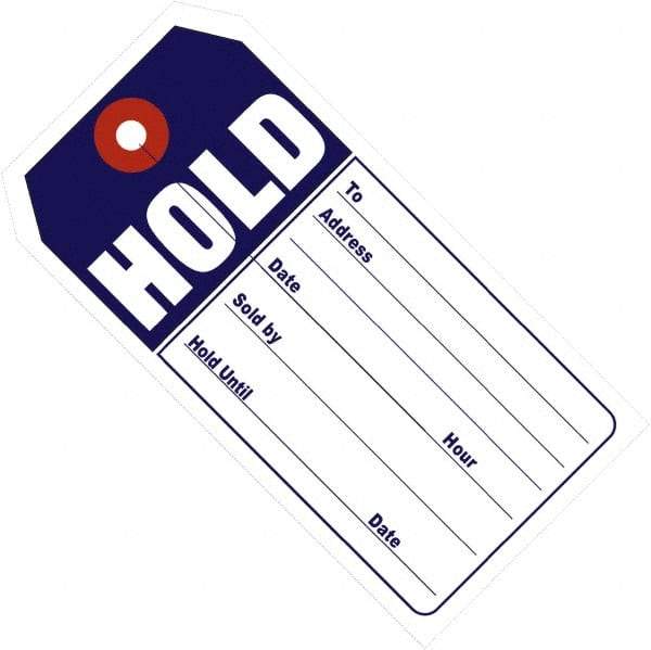 Made in USA - 4-3/4" High x 2-3/8" Long, Hold, English Safety & Facility Retail Tag - Blue & White Cardstock - All Tool & Supply