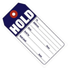 Made in USA - 4-3/4" High x 2-3/8" Long, Hold, English Safety & Facility Retail Tag - Blue & White Cardstock - All Tool & Supply