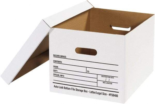 Made in USA - 1 Compartment, 12" Wide x 15" Deep, File Storage Boxes - Corrugated Cardboard, White - All Tool & Supply