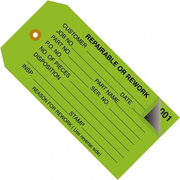 Made in USA - 4-3/4" High x 2-3/8" Long, REPAIRABLE OR REWORK, English Safety & Facility Inspection Tag - Green Cardstock - All Tool & Supply