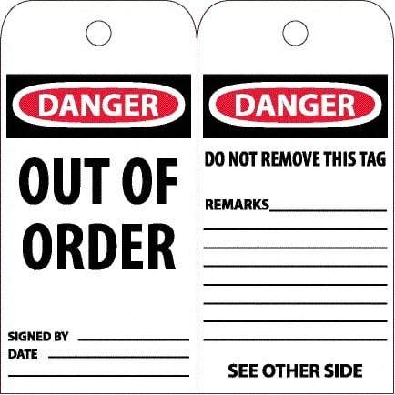 NMC - 4" High x 8" Long, DANGER - OUT OF ORDER, English Safety & Facility Accident Prevention Tag - Tag Header: Danger, 2 Sides, White Poly - All Tool & Supply