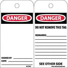 NMC - 4" High x 8" Long, DANGER, English Safety & Facility Accident Prevention Tag - Tag Header: Danger, 2 Sides, White Poly - All Tool & Supply