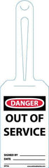 NMC - 11-1/4" High x 3-1/4" Long, Danger - Out of Service, English Safety & Facility Tag - Tag Header: Danger, 1 Side, White Unrippable Vinyl - All Tool & Supply