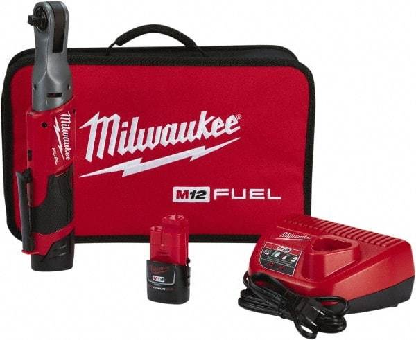 Milwaukee Tool - 3/8" Drive 12 Volt Pistol Grip Cordless Impact Wrench & Ratchet - 200 RPM, 55 Ft/Lb Torque, 2 Lithium-Ion Batteries Included - All Tool & Supply