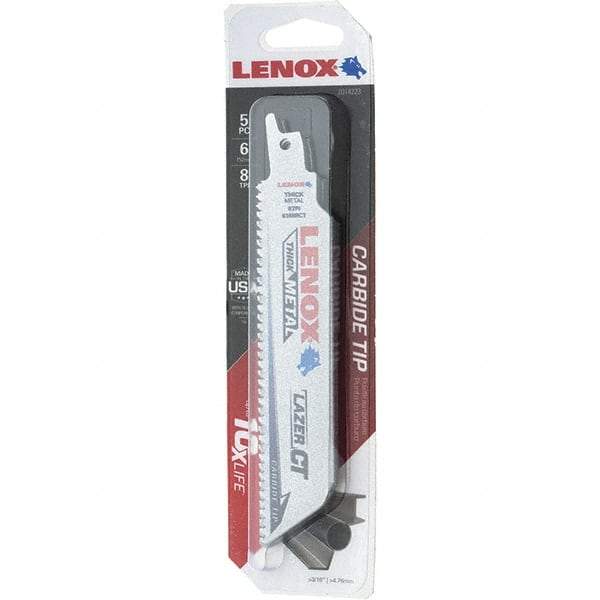 Lenox - 6" Long x 1" Thick, Bi-Metal Reciprocating Saw Blade - Tapered Profile, 8 TPI, Toothed Edge, Tang Shank - All Tool & Supply