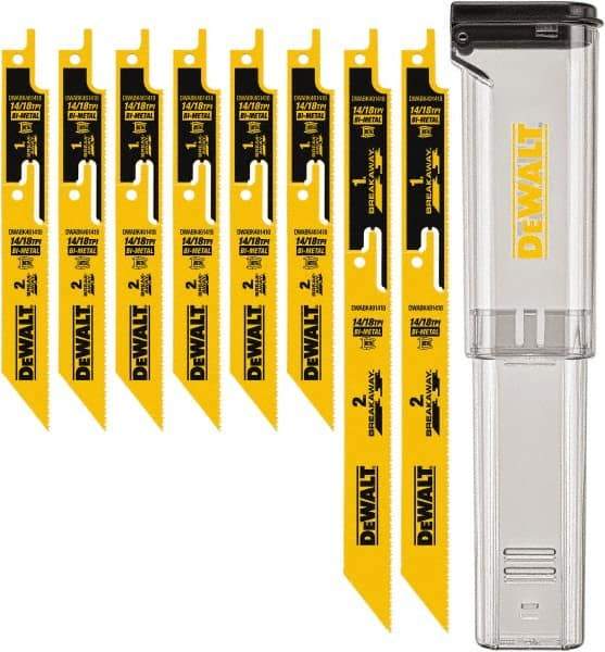 DeWALT - 8 Pieces, 6" to 9" Long x 0.04" Thickness, Bi-Metal Reciprocating Saw Blade Set - Straight Profile, 10-14 to 18 Teeth, Toothed Edge - All Tool & Supply