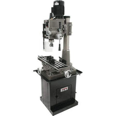 Jet - 1 Phase, 19-11/16" Swing, Geared Head Mill Drill Combination - 32-1/4" Table Length x 9-1/2" Table Width, 20-1/2" Longitudinal Travel, 8-1/4" Cross Travel, 6 Spindle Speeds, 1.5 hp, 115/230 Volts - All Tool & Supply