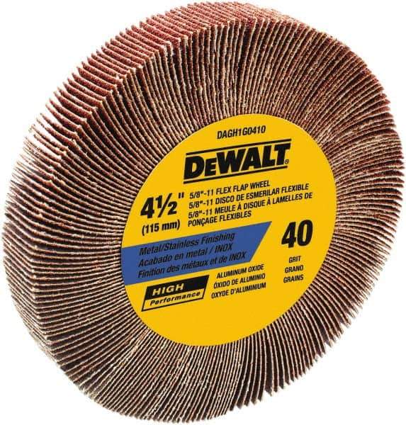 DeWALT - 4-1/2" Diam, 40 Grit Aluminum Oxide Unmounted Flap Wheel - 5/8-11 Thread, 1-1/8" Wide, Coated, Coarse Grade, 13,300 Max RPM - All Tool & Supply