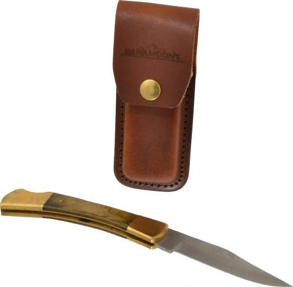 Paramount - 3-3/4" Blade, 8-1/2" OAL, Clip Point Folding Knife - 4-3/4" Closed Length, Wood, 1 Blade, Solid Brass Bolsters & Pins/Leather Sheath - All Tool & Supply