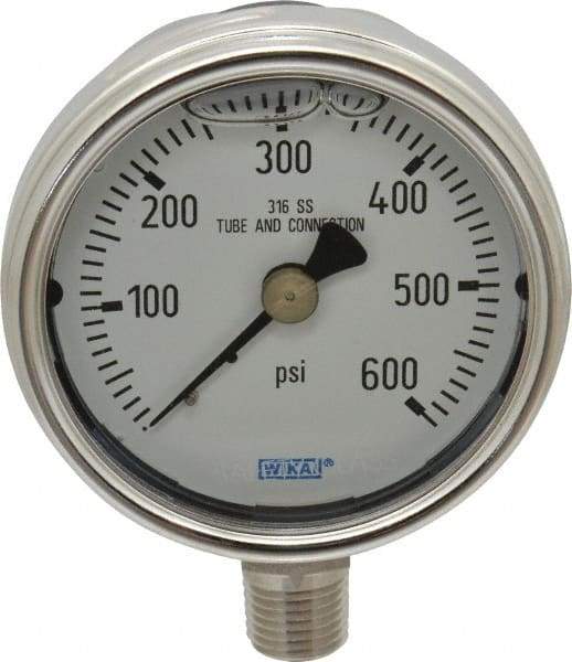 Wika - 2-1/2" Dial, 1/4 Thread, 0-600 Scale Range, Pressure Gauge - Lower Connection Mount, Accurate to 2-1-2% of Scale - All Tool & Supply