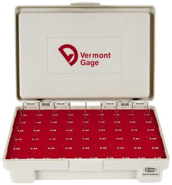 Vermont Gage - 55 Piece, 0.2-1.28 mm Diameter Plug and Pin Gage Set - Minus 0.01 mm Tolerance, Class ZZ - All Tool & Supply