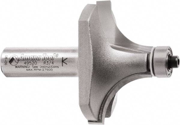 Amana Tool - 2" Cut Diam, 1" Length of Cut, 2 Flute Round-Over Edge Profile Router Bit - Carbide-Tipped, 1/2" Shank Diam, 2-7/8" OAL, Uncoated - All Tool & Supply