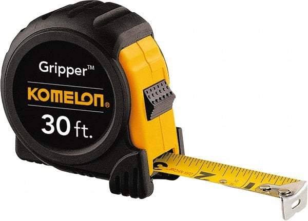 Komelon - 30' x 1" Yellow Steel Blade Tape Measure - 1/16" Graduation, Inch Graduation Style, Yellow/Black ABS Plastic Case - All Tool & Supply