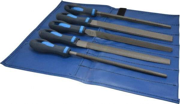 PFERD - 5 Piece American Pattern File Set - 10" Long, Second Coarseness, Ergonomic Handle, Set Includes Hand, Three Square, Square, Round, Tapered Half Round - All Tool & Supply