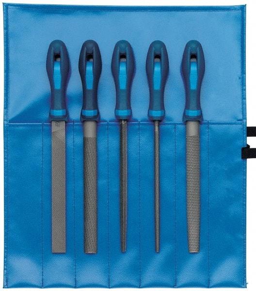 PFERD - 5 Piece American Pattern File Set - 10" Long, Bastard Coarseness, Ergonomic Handle, Set Includes Hand, Three Square, Square, Round, Tapered Half Round - All Tool & Supply