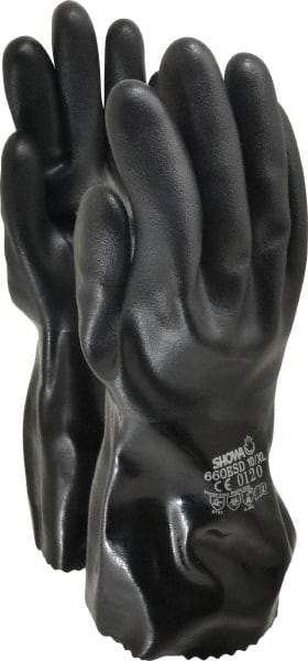 SHOWA - Size XL (10), 12" Long, PVC Chemical Resistant Gloves - Smooth Finish, Cotton Lined, Gauntlet Cuff, Black - All Tool & Supply