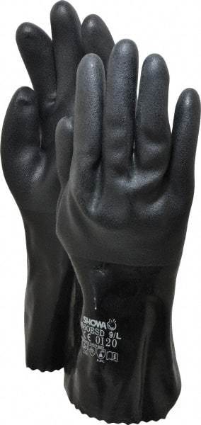 SHOWA - Size L (9), 12" Long, PVC Chemical Resistant Gloves - Smooth Finish, Cotton Lined, Gauntlet Cuff, Black - All Tool & Supply