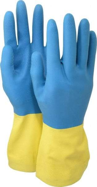 SHOWA - Size S (7), 12" Long, 26 mil Thick, Latex/Neoprene Chemical Resistant Gloves - Cotton Lined, Gauntlet Cuff, Blue/Yellow - All Tool & Supply