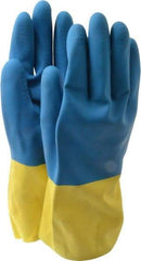 SHOWA - Size XL (10), 12" Long, 26 mil Thick, Latex/Neoprene Chemical Resistant Gloves - Cotton Lined, Gauntlet Cuff, Blue/Yellow - All Tool & Supply