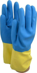 SHOWA - Size L (9), 12" Long, 26 mil Thick, Latex/Neoprene Chemical Resistant Gloves - Cotton Lined, Gauntlet Cuff, Blue/Yellow - All Tool & Supply