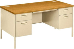 Hon - Laminate Top & Metal Base Double Pedestal Desk with Center Drawer - 60" Wide x 30" Deep x 29-1/2" High, Harvest/Putty - All Tool & Supply