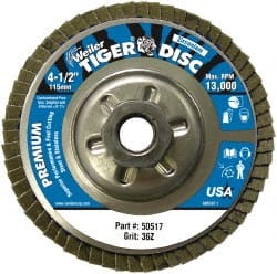 Weiler - 4-1/2" 36 Grit 5/8-11 Center Hole Type 29 Zirconia Alumina Flap Disc - All Tool & Supply