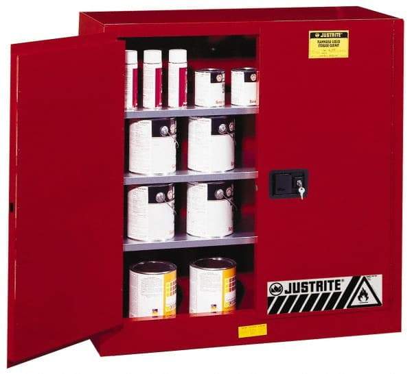 Justrite - 2 Door, 3 Shelf, Red Steel Standard Safety Cabinet for Flammable and Combustible Liquids - 44" High x 43" Wide x 18" Deep, Manual Closing Door, 3 Point Key Lock, 40 Gal Capacity - All Tool & Supply