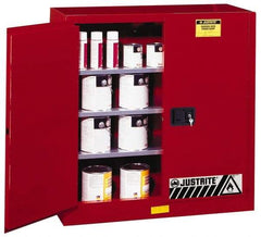 Justrite - 2 Door, 3 Shelf, Red Steel Standard Safety Cabinet for Flammable and Combustible Liquids - 44" High x 43" Wide x 18" Deep, Manual Closing Door, 3 Point Key Lock, 40 Gal Capacity - All Tool & Supply