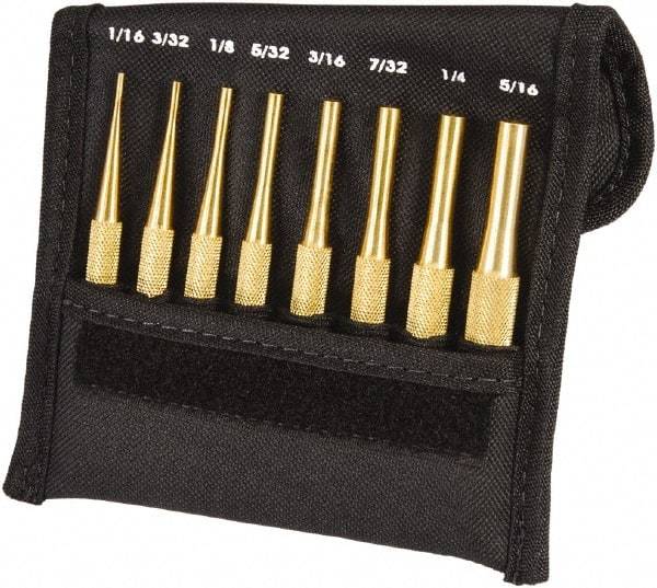 Starrett - 8 Piece, 1/16 to 5/16", Pin Punch Set - Round Shank, Brass, Comes in Pouch - All Tool & Supply