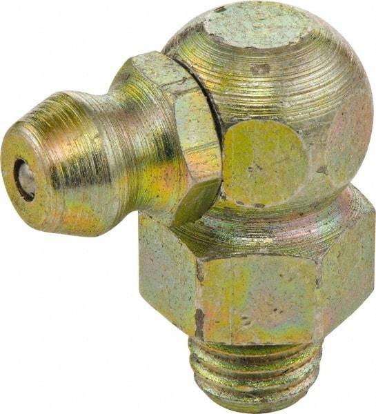 Umeta - 90° Head Angle, 1/4-28 PTF Zinc Plated Yellow Thread-Forming Grease Fitting - 3/8" Hex, 3/4" Overall Height - All Tool & Supply