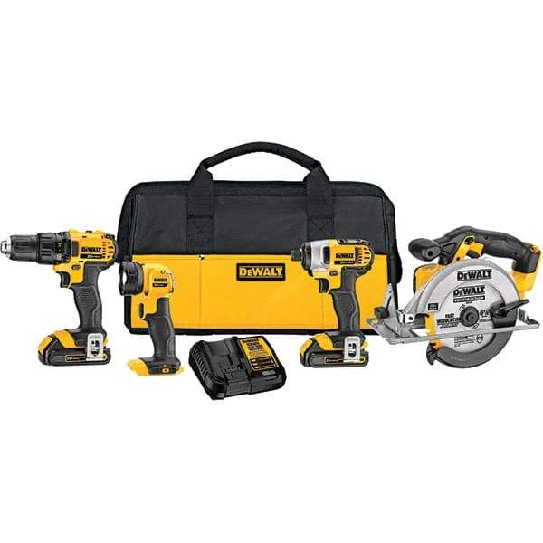 DeWALT - 20 Volt Cordless Tool Combination Kit - Includes 1/2" Drill/Driver, 1/4" Compact Impact Driver, 6-1/2" Circular Saw & Handheld Light, Lithium-Ion Battery Included - All Tool & Supply