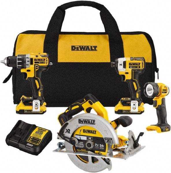 DeWALT - 20 Volt Cordless Tool Combination Kit - Includes 1/2" Drill/Driver, 1/4" Impact Driver, 7-1/4 Circular Saw & LED Worklight, Lithium-Ion Battery Included - All Tool & Supply