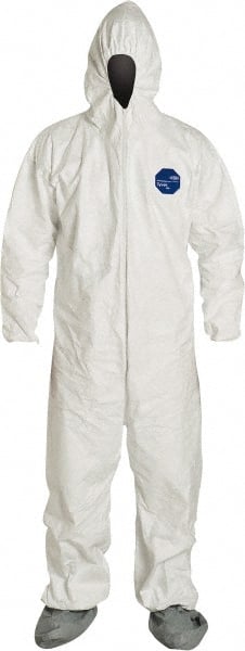 Disposable Coveralls: Size Large, 1.2 oz, Film Laminate, Zipper Closure White, Serged Seam, Elastic Cuff, Elastic Ankle, ISO Non-Cleanroom Class