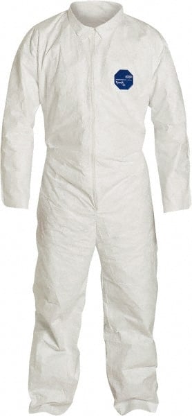 Disposable Coveralls: Size Large, 1.2 oz, Film Laminate, Zipper Closure White, Serged Seam, Open Cuff, Open Ankle, ISO Non-Cleanroom Class