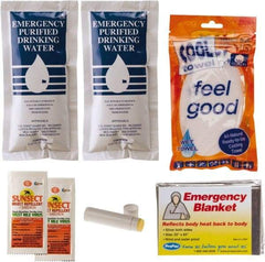 PRO-SAFE - Emergency Preparedness Kits Type: Cool Down Emergency Kit Contents: (2) Emergency Drinking Water Packets; (2) Sunscreen + Insect Repellant Cream; Cooling Towel; Emergency Mylar Blanket; Lip Balm - All Tool & Supply