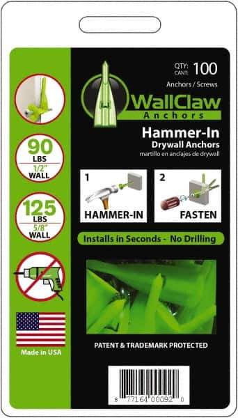 WallClaw Anchors - #8 Screw, 1/2" Diam, 2" Long, 1/4" Thick, Hammer-In Drywall & Hollow Wall Anchor - Nylon, Use with Drywall & Hollow Wall - All Tool & Supply