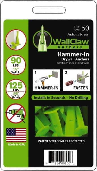 WallClaw Anchors - #8 Screw, 1/2" Diam, 2" Long, 1/4" Thick, Hammer-In Drywall & Hollow Wall Anchor - Nylon, Use with Drywall & Hollow Wall - All Tool & Supply