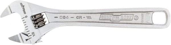 Channellock - 1/2" Jaw Capacity, 4" Standard Adjustable Wrench - Chrome Vanadium Steel, Chrome Finish, 4-1/2" OAL - All Tool & Supply