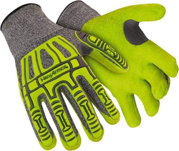 HexArmor - Size 2XL (11), ANSI Cut Level A4, Puncture Level 5, Abrasion Level 4, Polyethylene Cut & Puncture Resistant Gloves - Palm Coated, Polyethylene, Elastic Knit Cuffs, High Visibility Yellow/Gray, Paired - All Tool & Supply